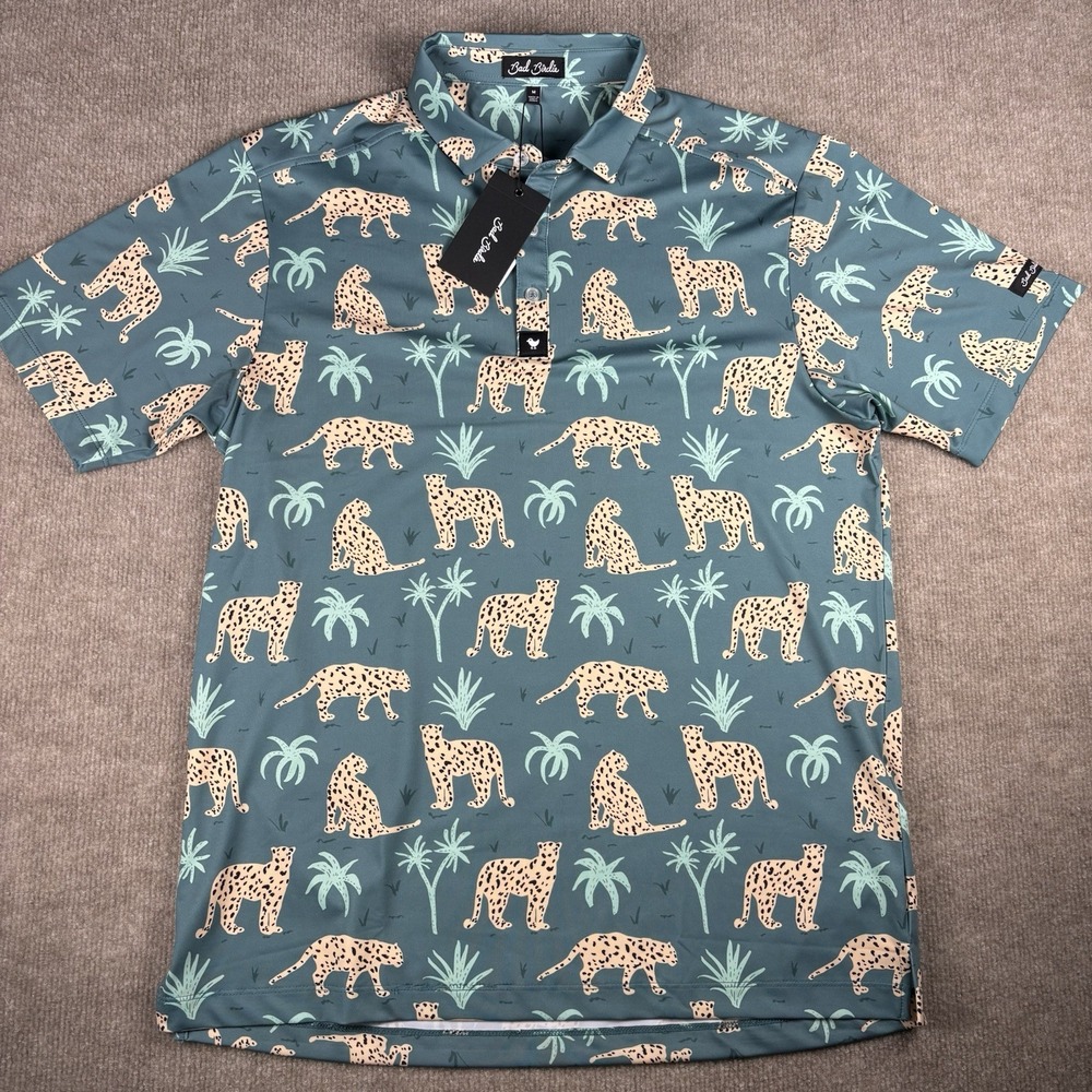 Bad Birdie Polo Shirt Mens Medium Leopard Cheetah Print Golf Stretch Green NWT - Picture 9 of 12